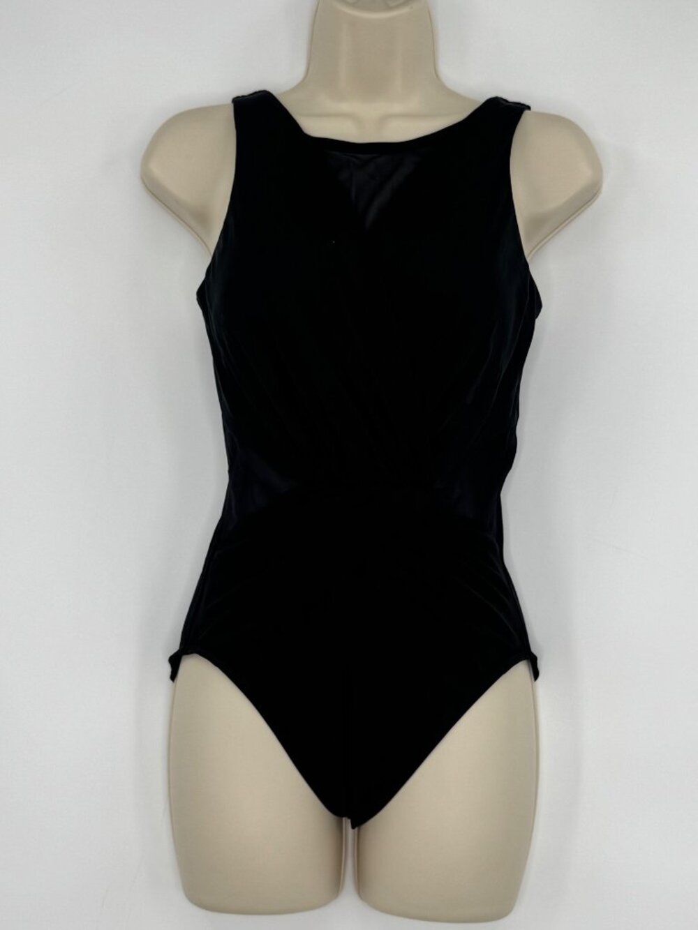 Miraclesuit Womens size 10 Black One-Piece Swimsuit Slimming Fit Draped Design